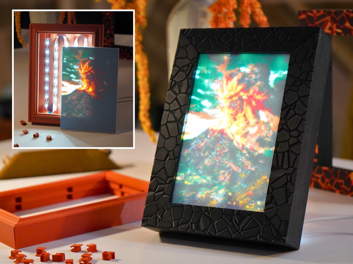 A finished lithophane frame lit from behind, with an inset showing the LED strip and backer plate behind the pane